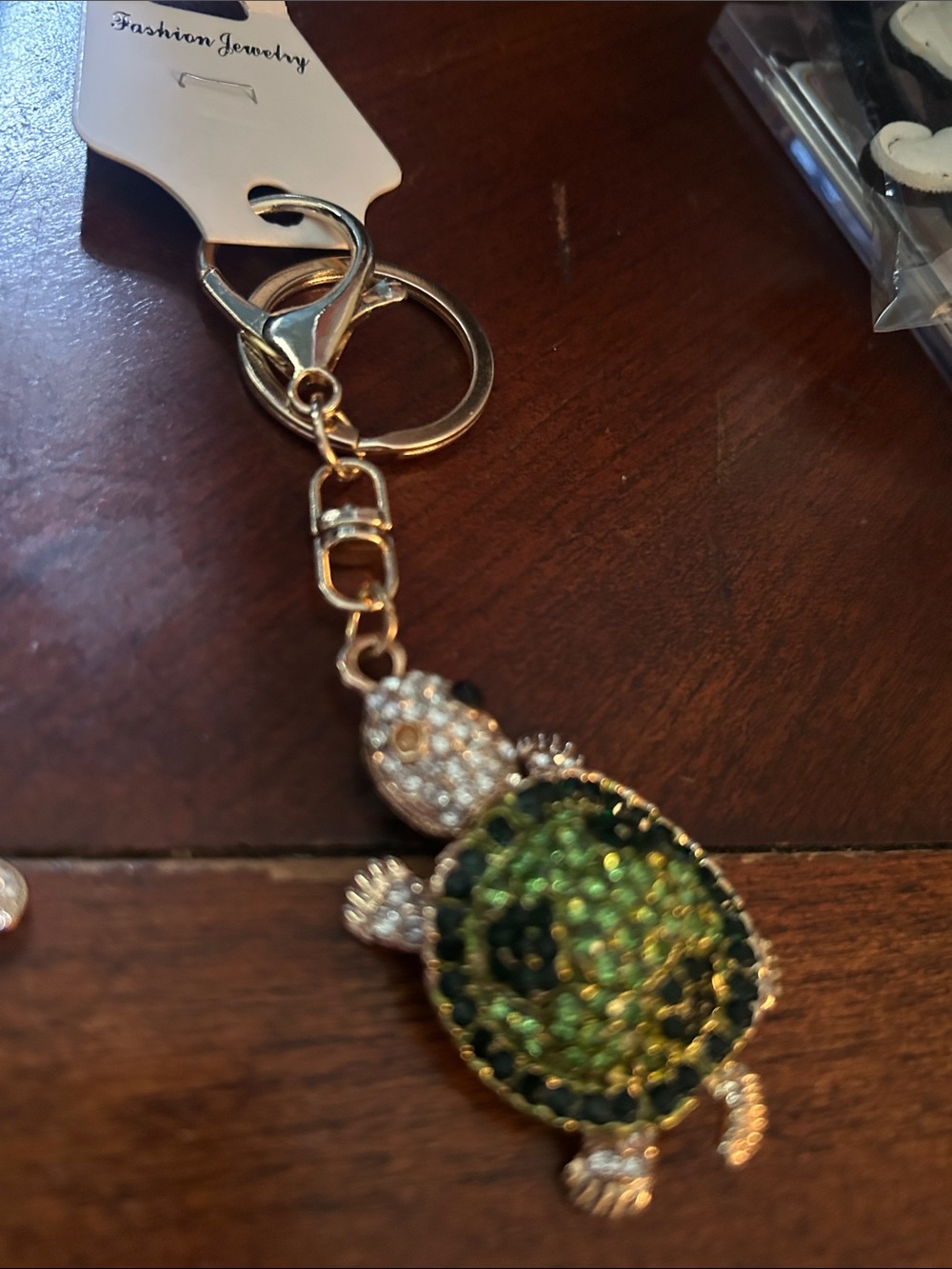Gold Tone Turtle Keychain with Green Rhinestones feet move
